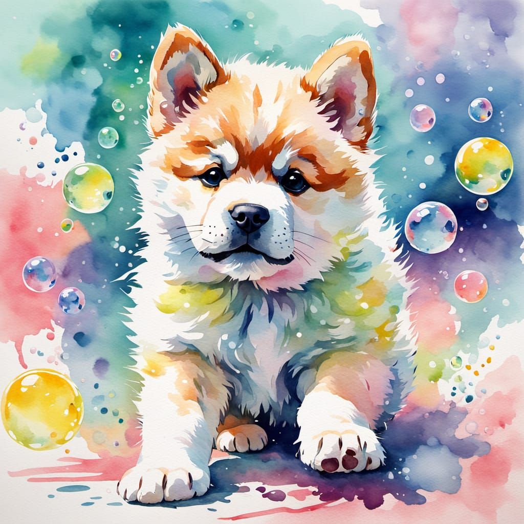 Akita Puppy Chasing Bubbles in Fauvist Watercolor