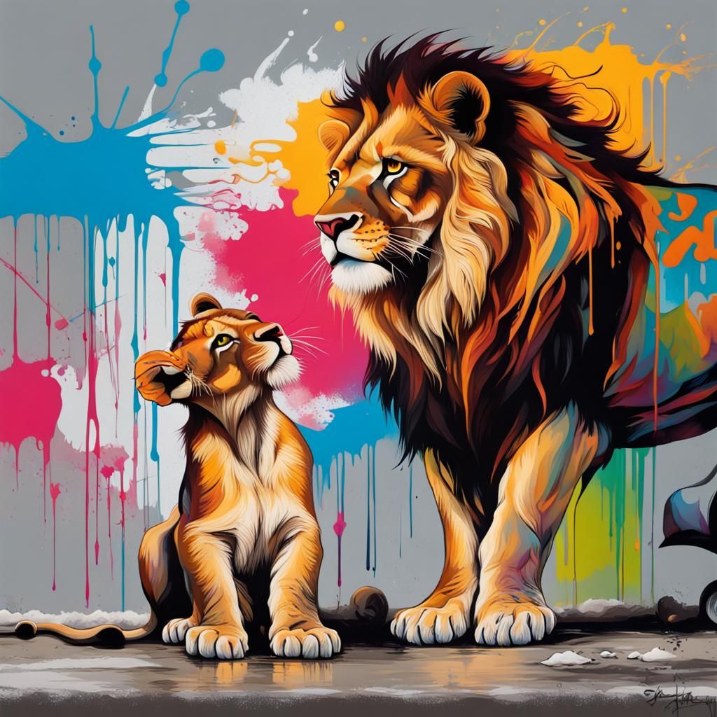 Colorful Lion Cub in Graffiti Street Art