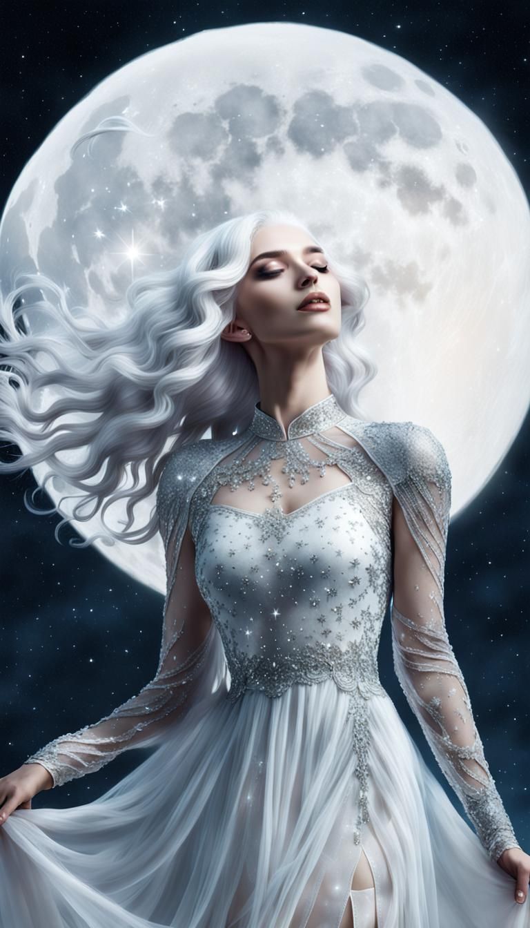 Ethereal Woman with Galactic Hair Holding the Moon