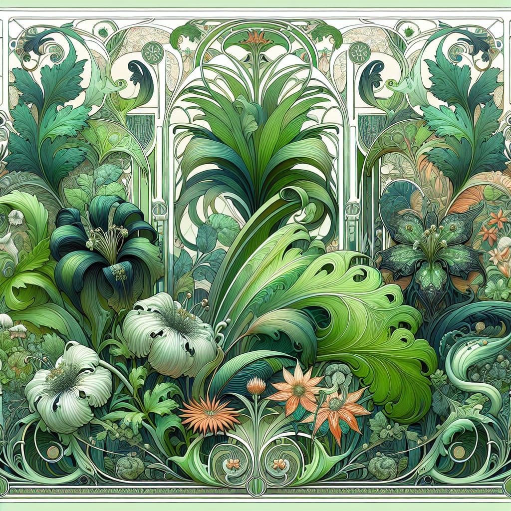 Lush Green Botanical Art Nouveau Painting