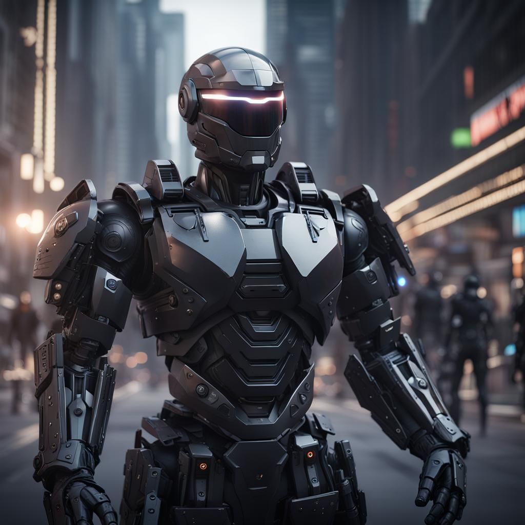 Police robocop with black armor, in front of riot in streets of city , lights , intricate mech details, ground level sho...