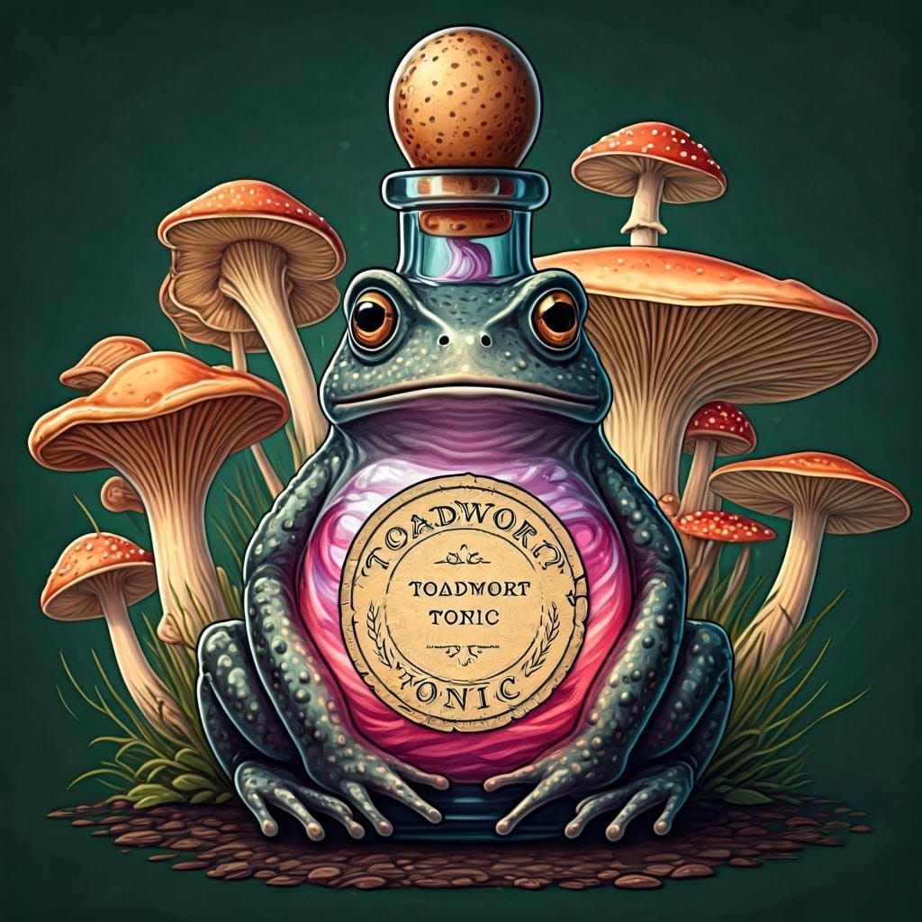 Whimsical Toadwort Tonic in a Vintage-Style Glass Bottle