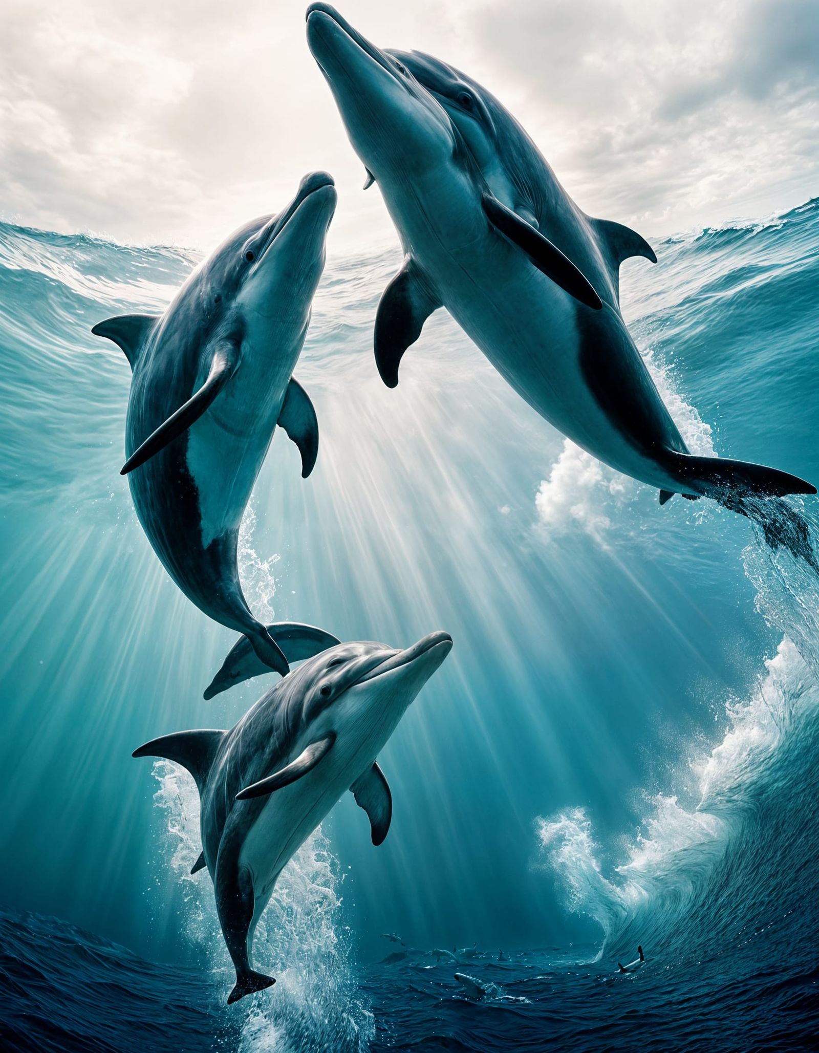 Hyperrealistic Dolphins in Moody Ocean Scene