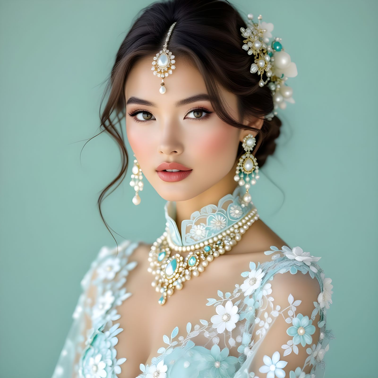 Elegant Mongolian Woman in Lace Gown
