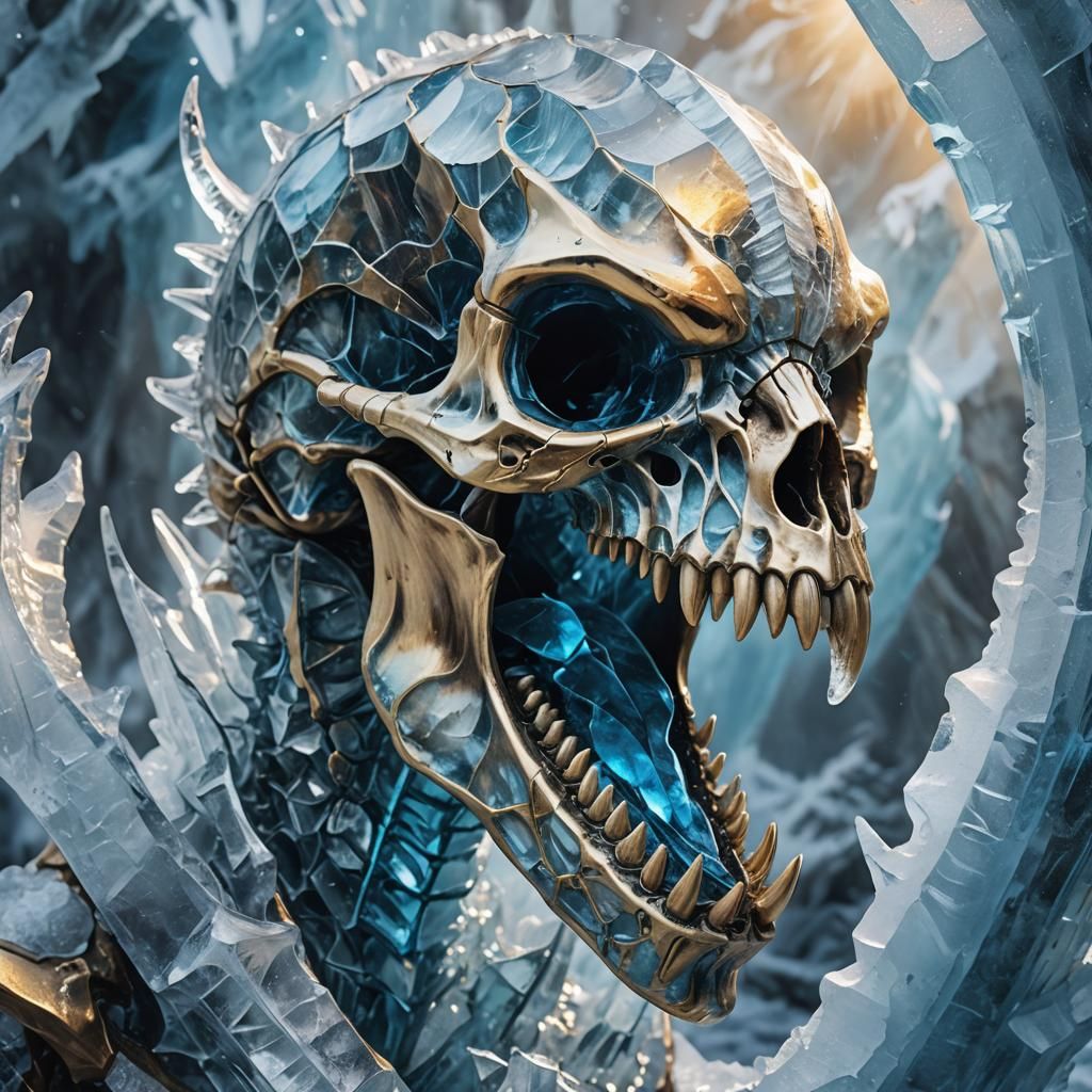 Frozen Raptor Skull Ice Sculpture in Fantasy Art