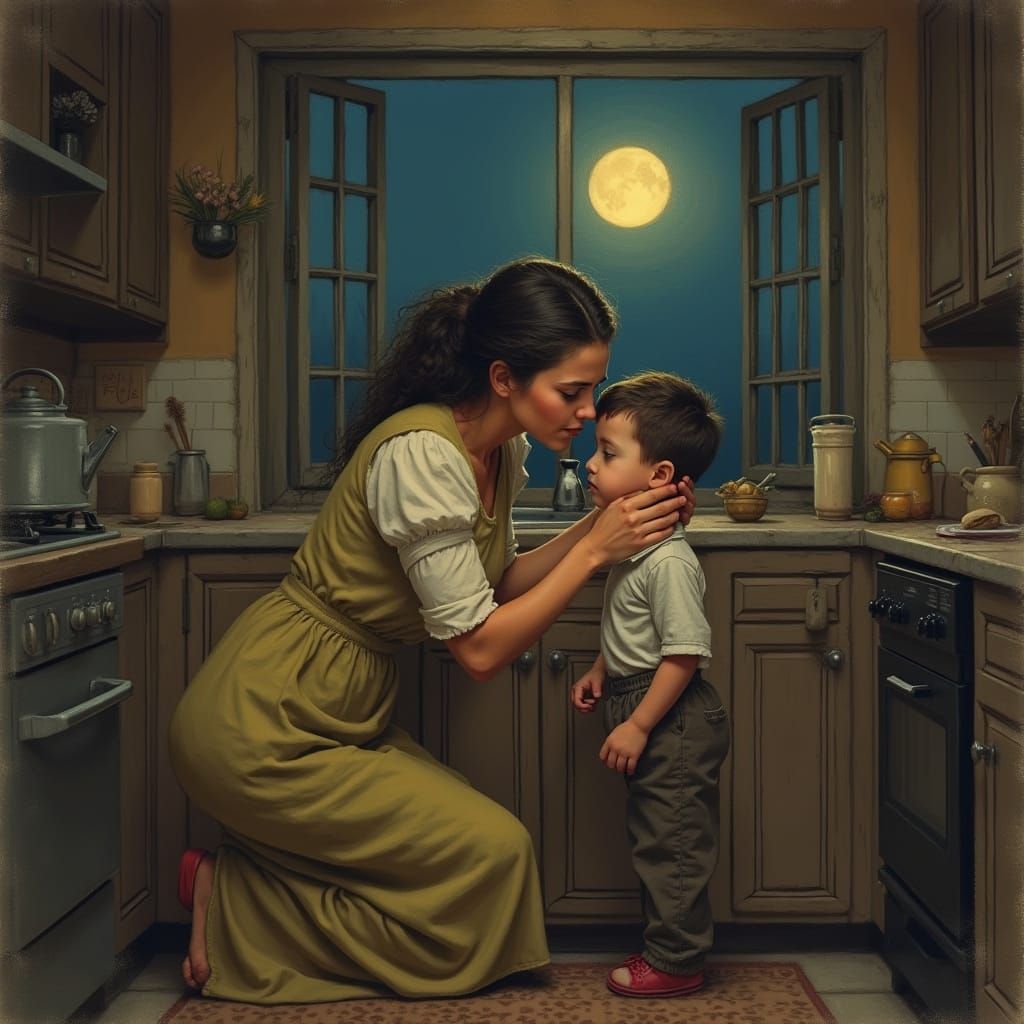 Mother Comforts Son: Intimate Watercolor Scene