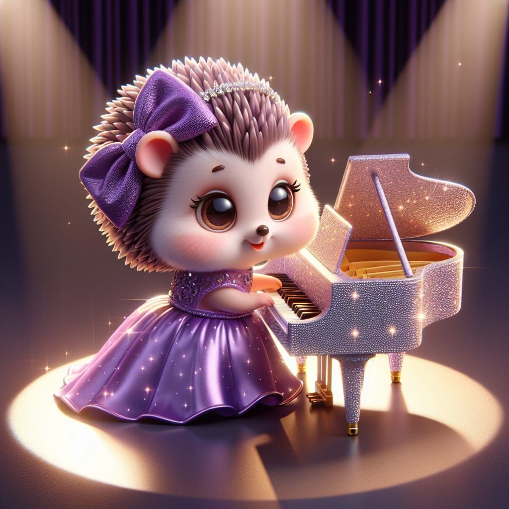 Disney Pixar style 3D adorable little hedgehog wearing a beautiful purple gown, playing gorgeous glittery piano, wearing...