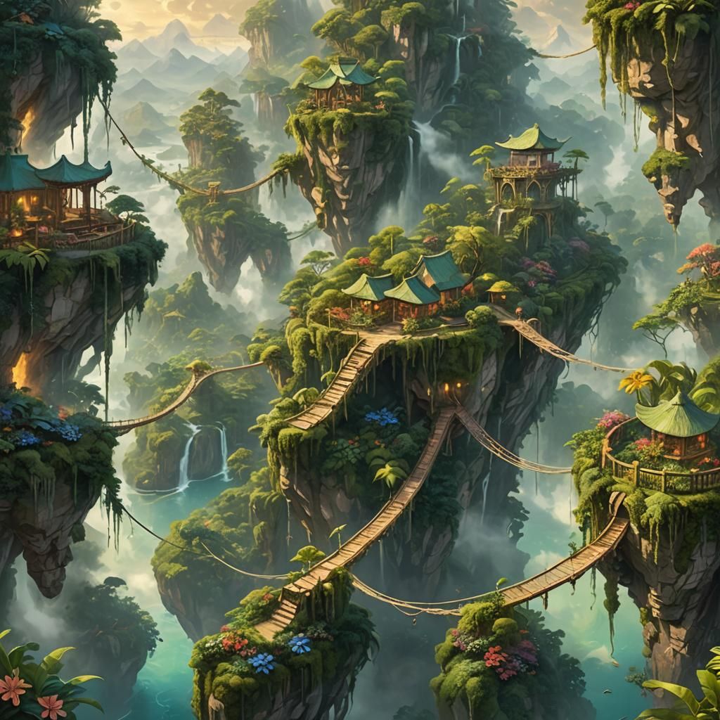 Ethereal Floating Jungle Islands in Fauvist Style