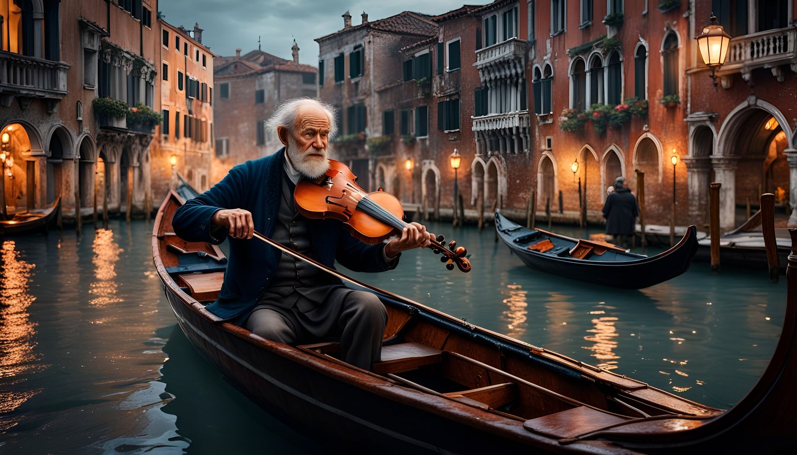 Venetian Violinist at Night: Detailed Matte Painting