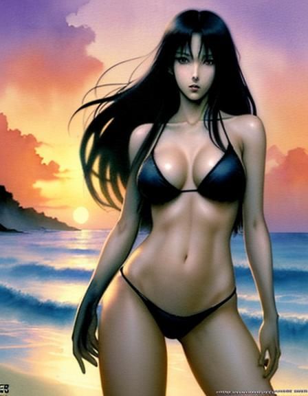 Bikini Beauty at Sunset: Watercolor Anime Illustration