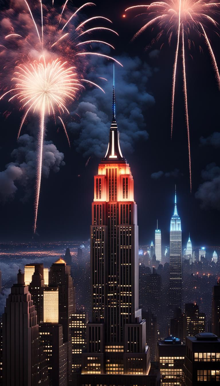 Empire State Building Night Fireworks, Detailed Digital Pain...