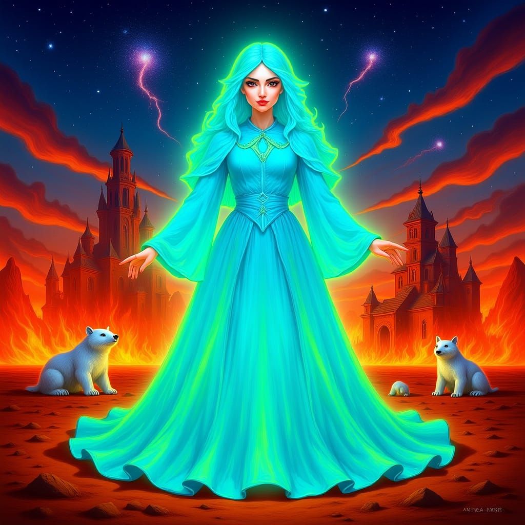 Surreal Woman in Spectral Robe with Burning Castle