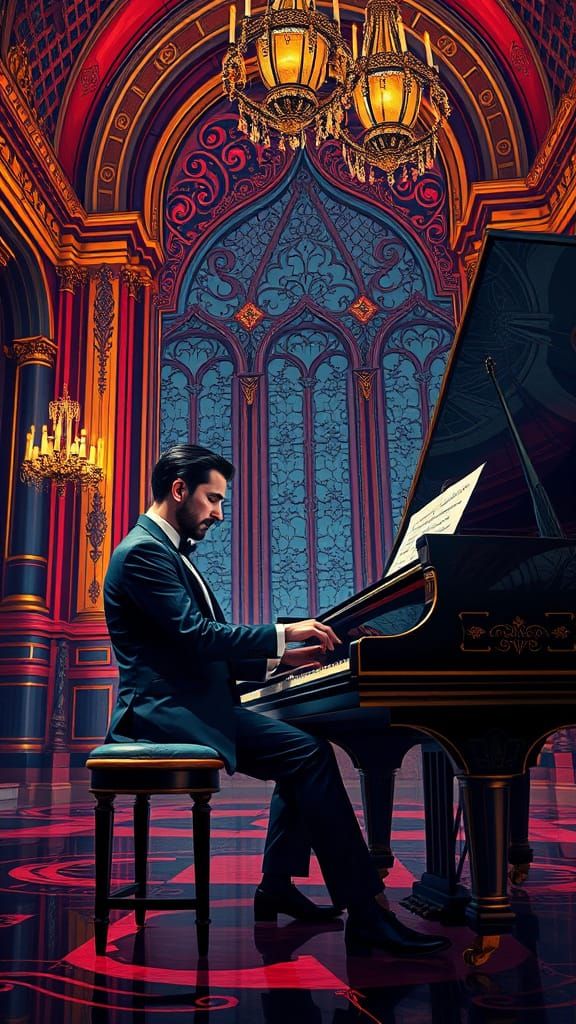 Man in a Tuxedo Playing the Grand Piano Moebius contrasting ...