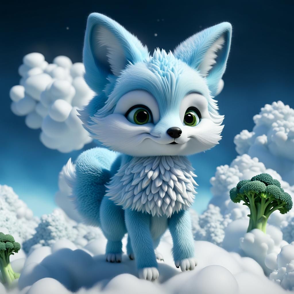 Adorable Blue Fox Cub Flying, Claymation Style