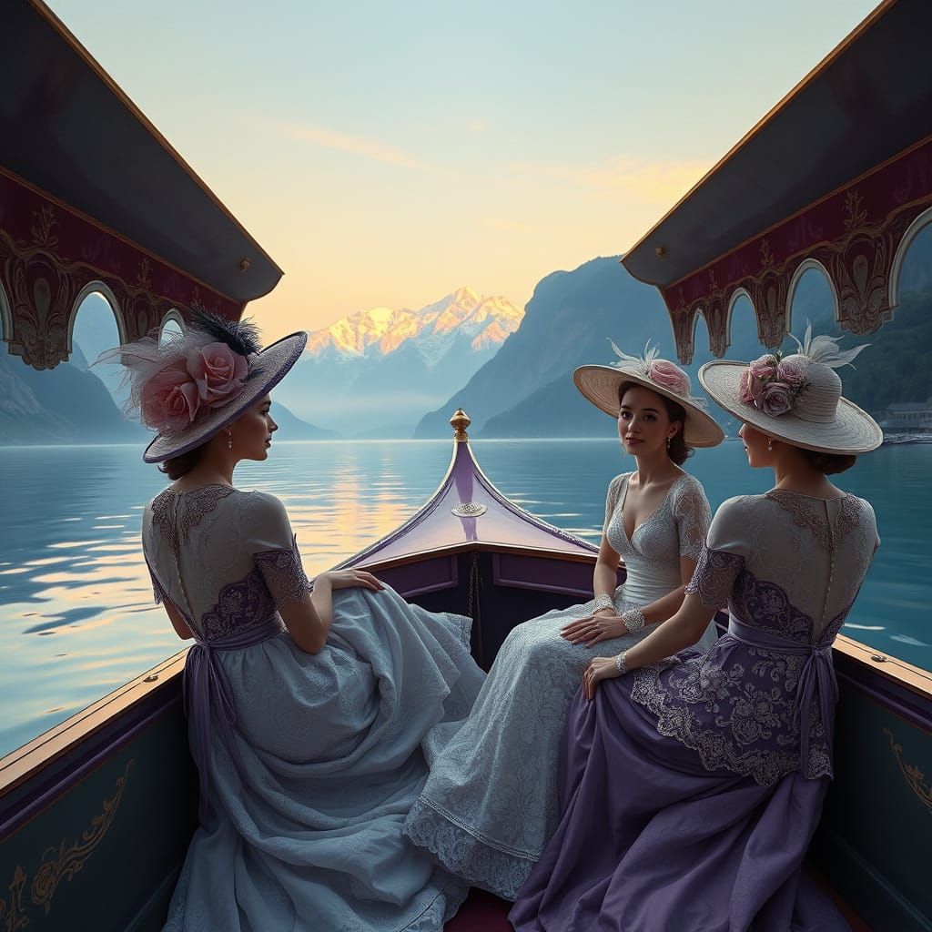Elegant Women in Gondola on River, Impressionistic Style