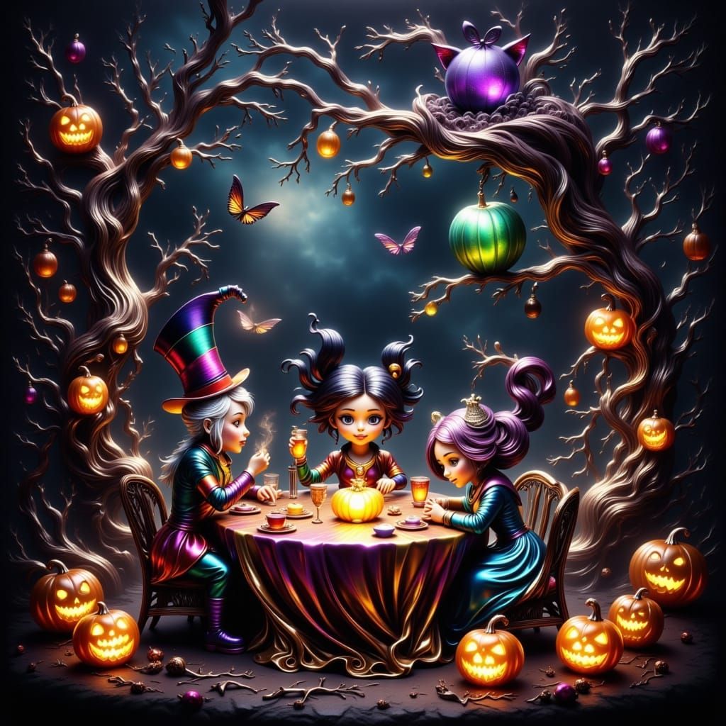 Dark Alice in Wonderland Halloween Scene with Spooky Charact...