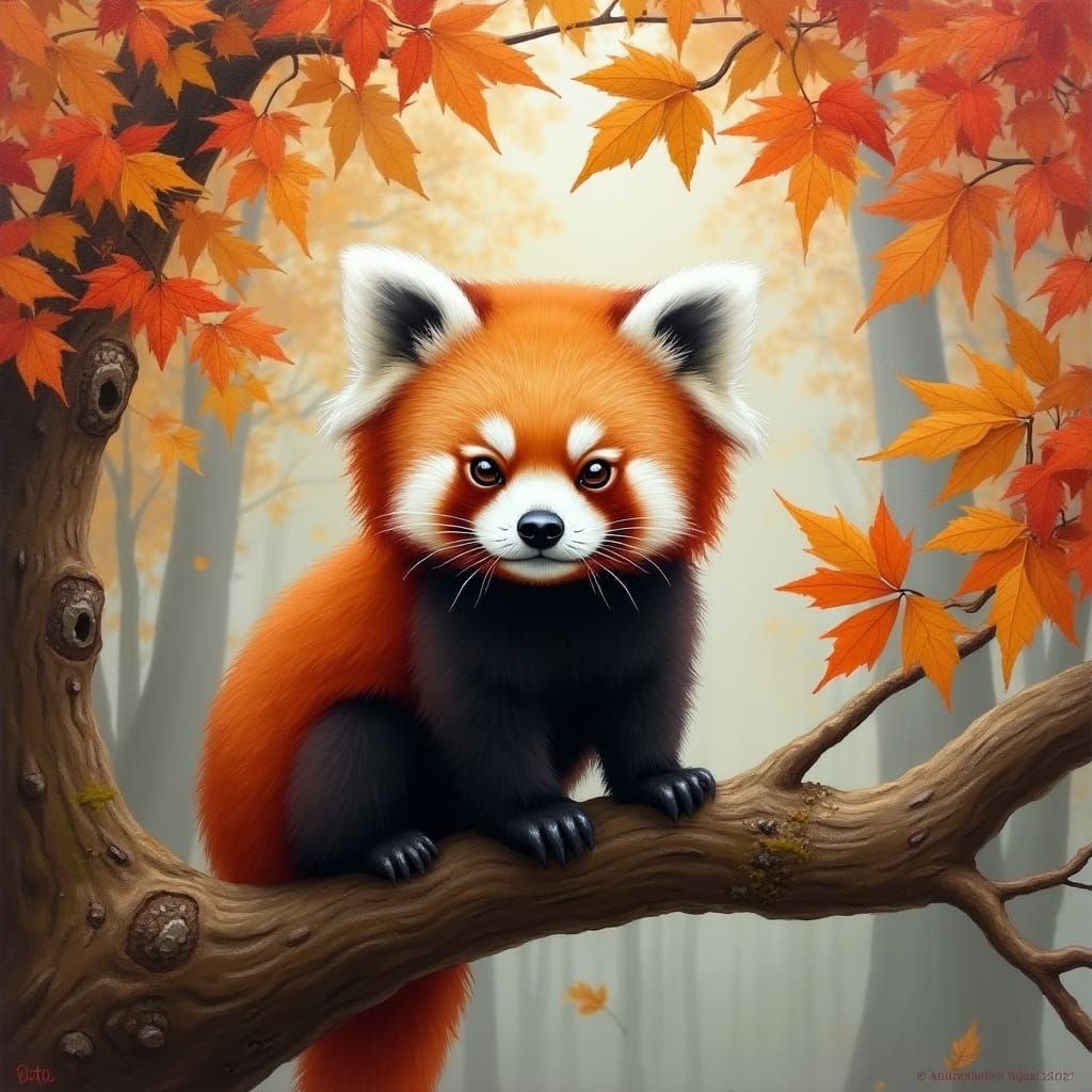 Red Panda on Autumn Branch in Impressionistic Oil Painting S...