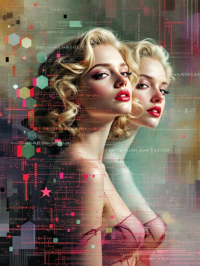 Vintage Pin-Up with Ryoji Ikeda-Inspired Glitch Overlay