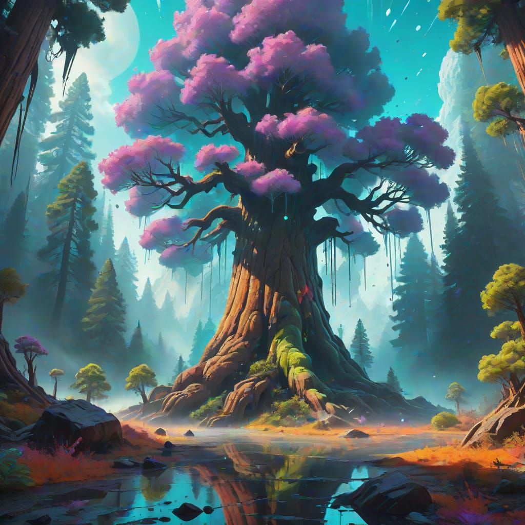 Alien Sequoia with Bioluminescent Flora, Hyperrealistic Digi...