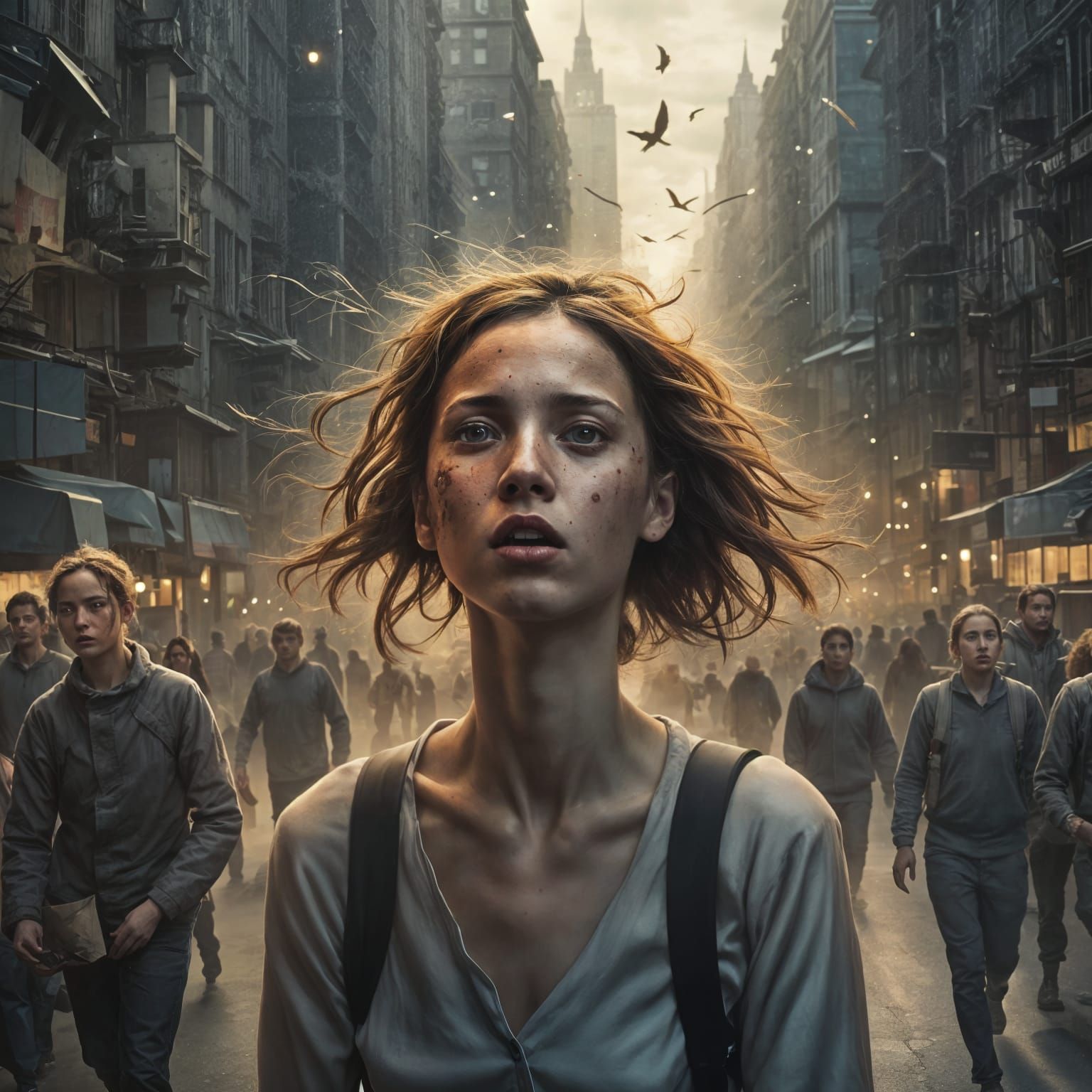 Surreal Cityscape: Woman's Troubled Escape