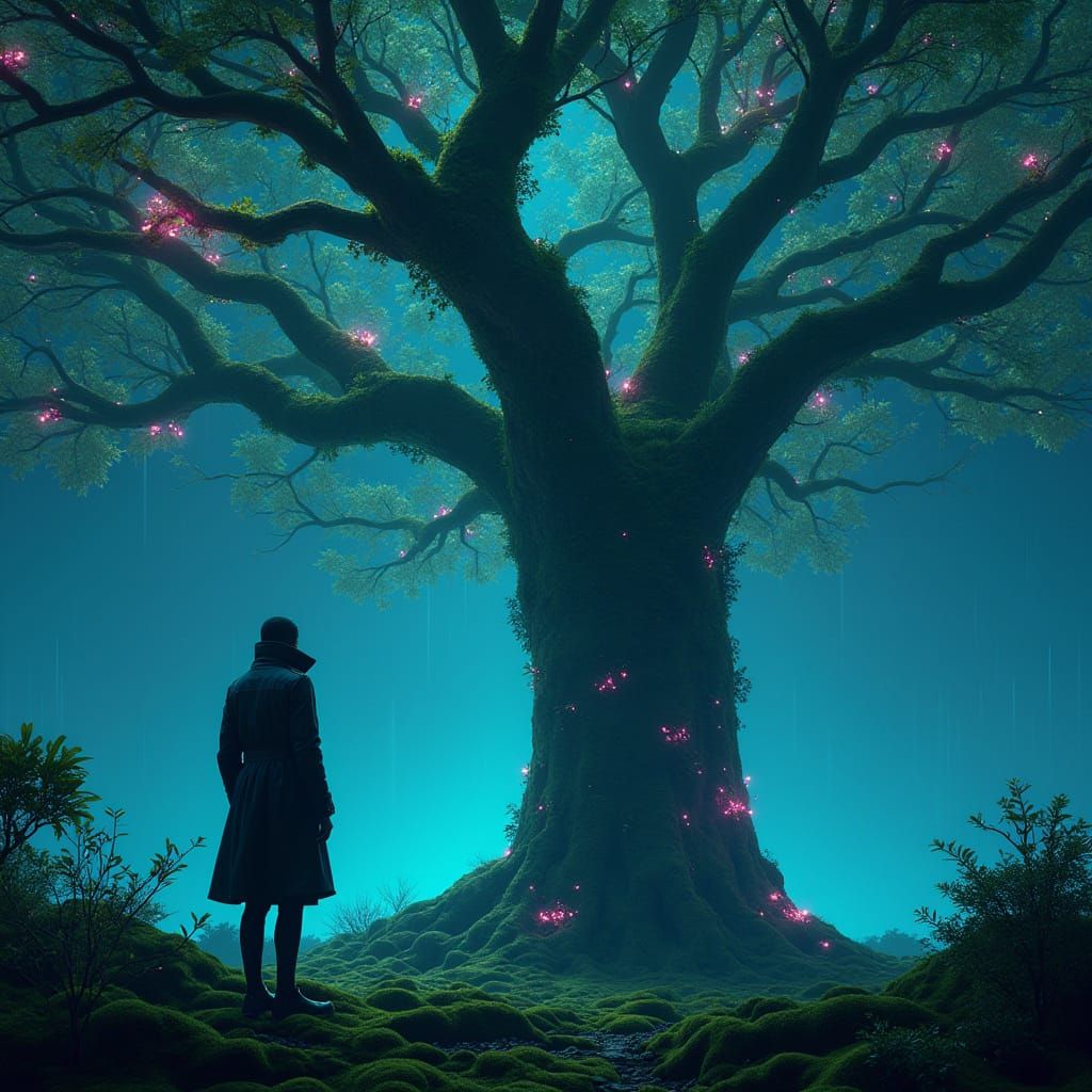 Figure Lost in Wonder Before a Glowing, Cybernetic Tree