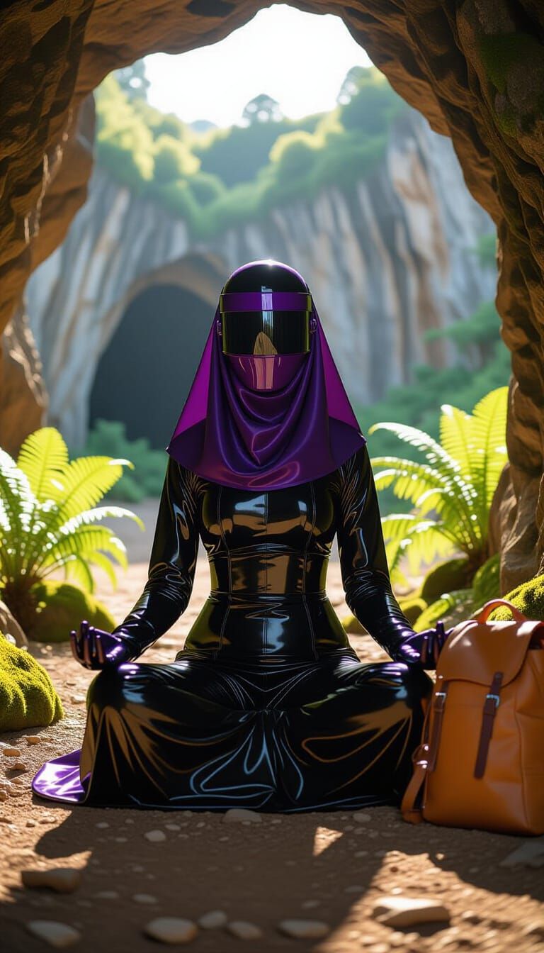 Woman Meditating in PVC Burqa at Sunrise Quarry