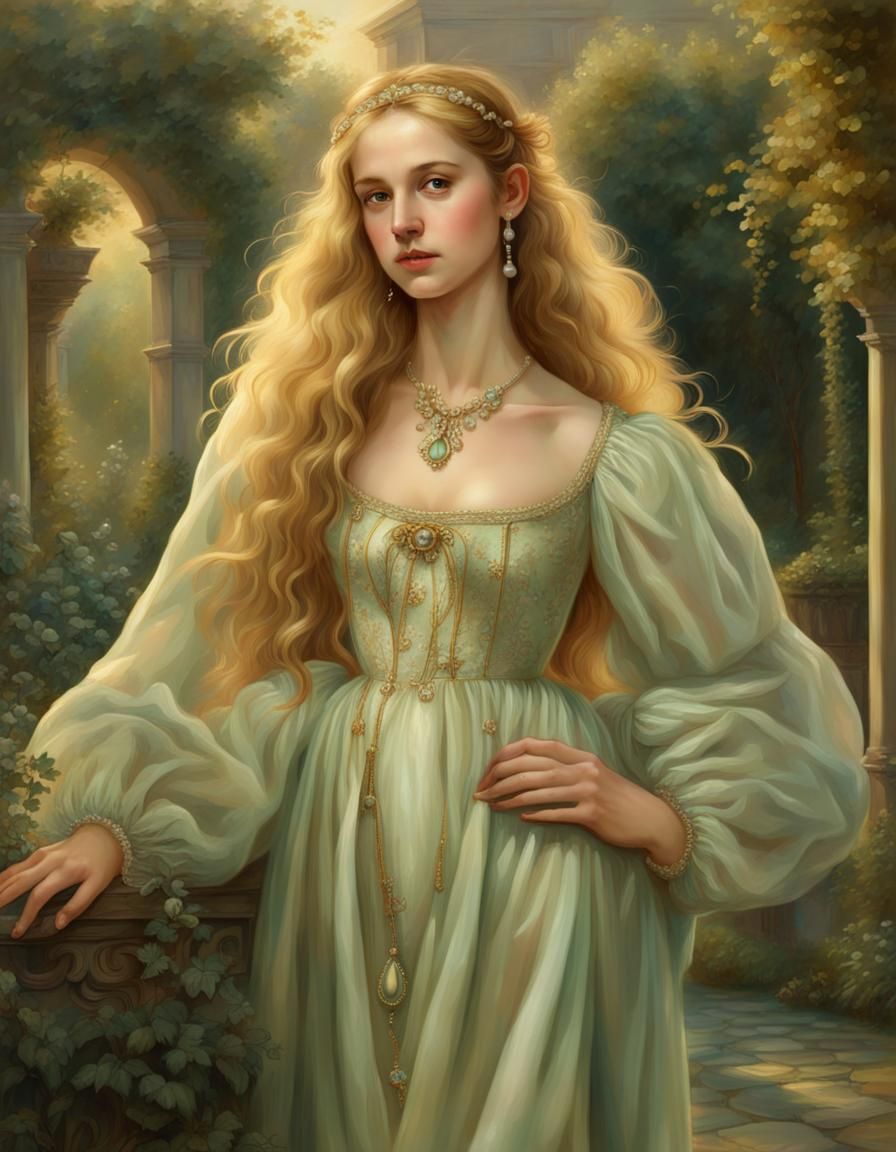 Renaissance Girl with Golden Hair in Garden