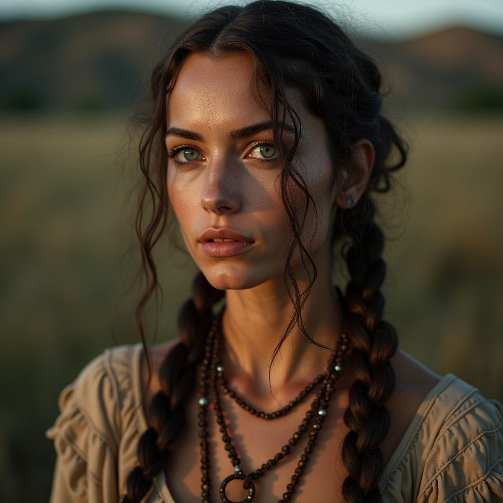 Hazel-Eyed Gypsy Woman: A Cinematic Film Still