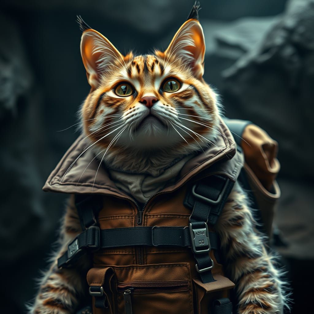 Grumpy Tomb Explorer Cat in Tactical Gear