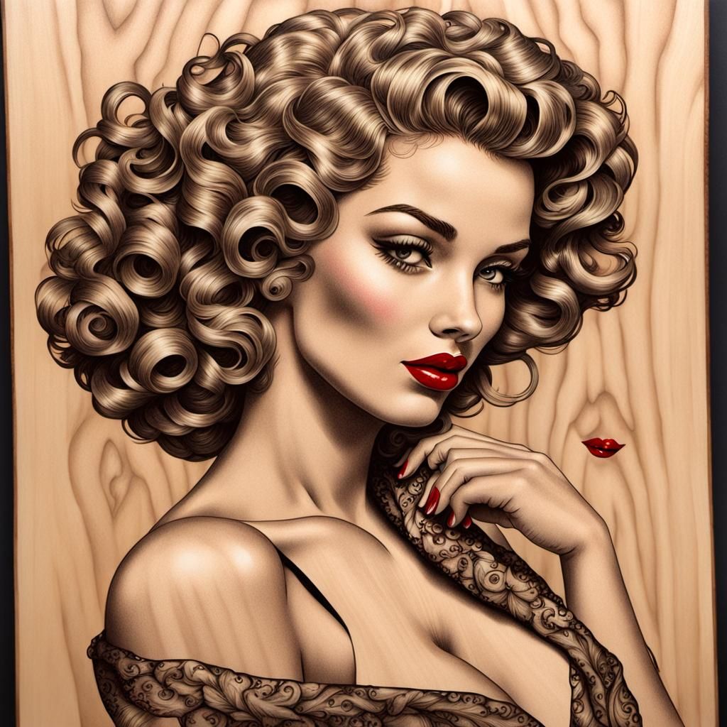 Vintage Pinup Girl in Wood-Burned Style