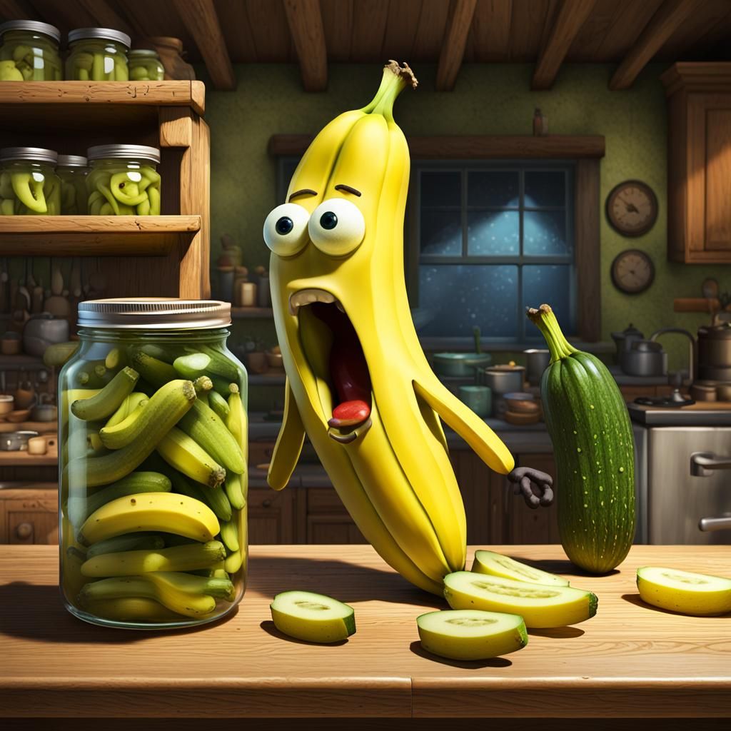 an image of a computer-generated anthropomorphic banana with a cartoonish facial expression of shock or horror. Next to ...