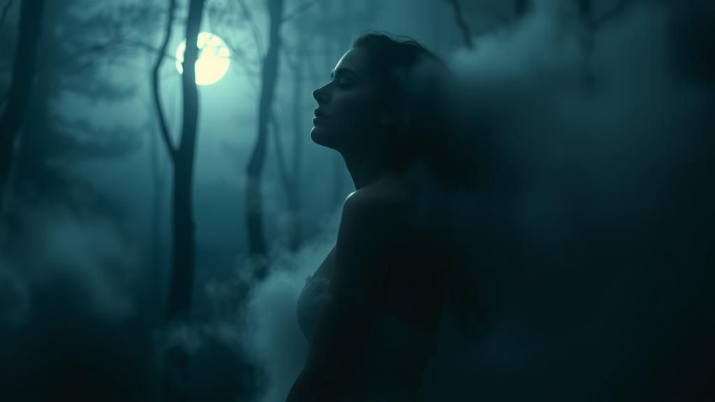 Ethereal Woman in Misty Forest Moonlight