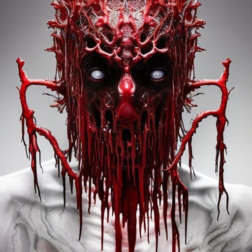 demonic occult character made of dripping bloody dendritic veins and melting deformed oozing limbs and human body parts,...