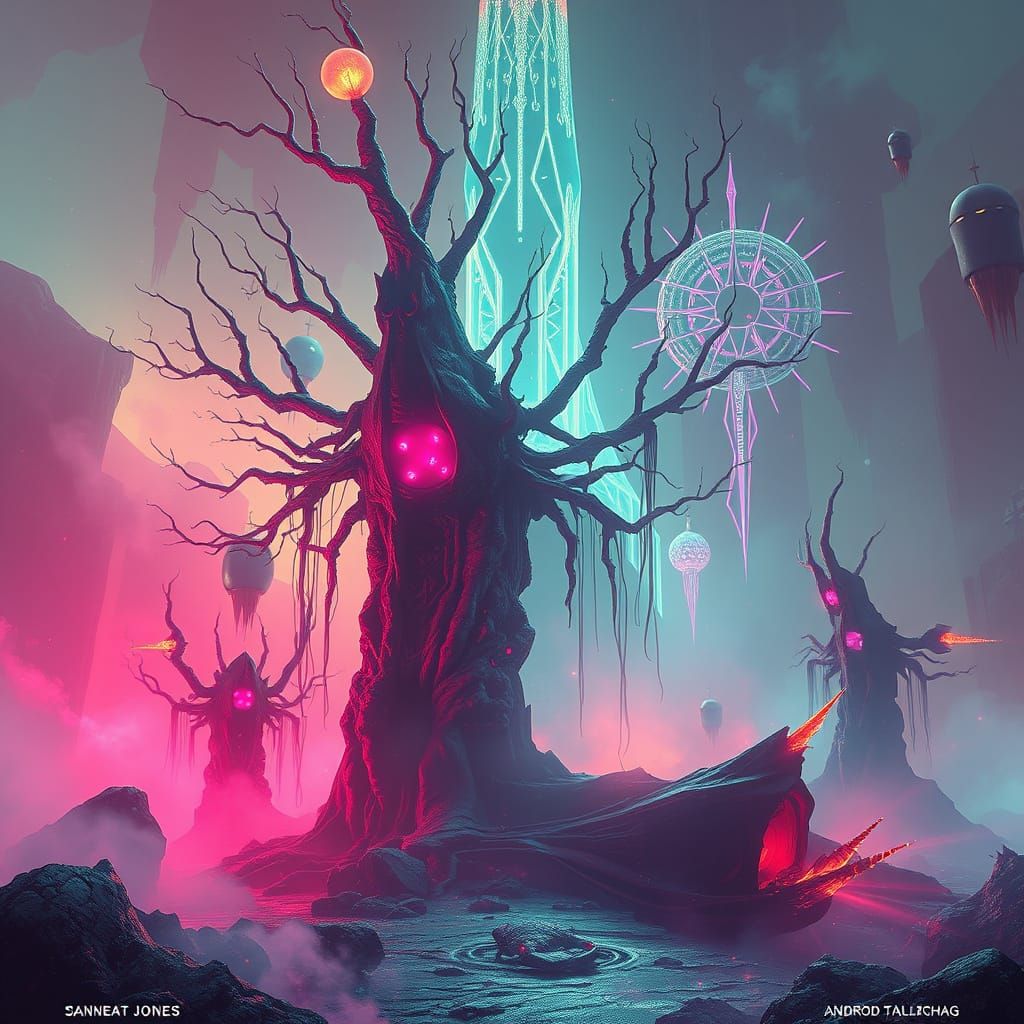 Surreal Neon Dreamscape with Mysterious Tree