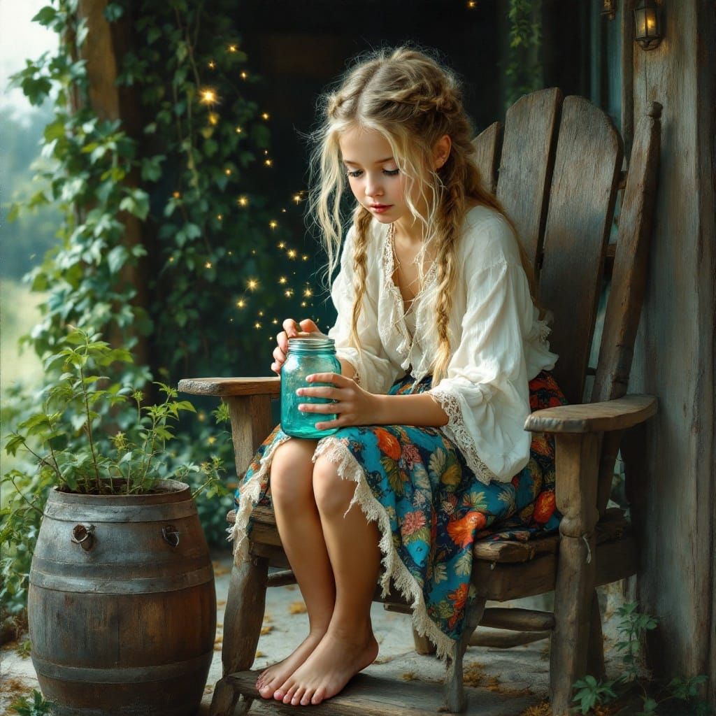 Young Girl Contemplating Fireflies in a Rustic Setting