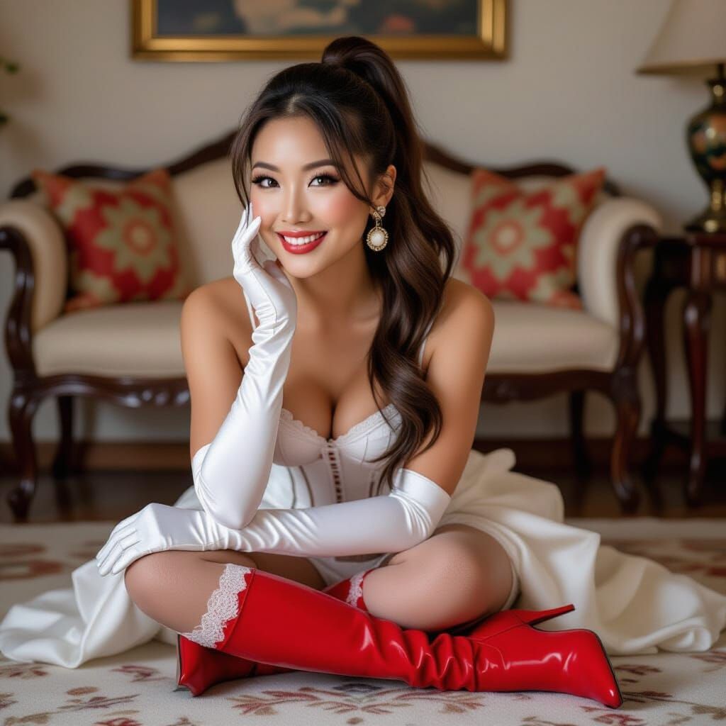 Woman in Corset and Boots Sitting on Rug