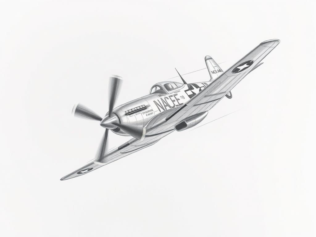 P-51 Mustang Soaring Over Europe: Pencil Sketch