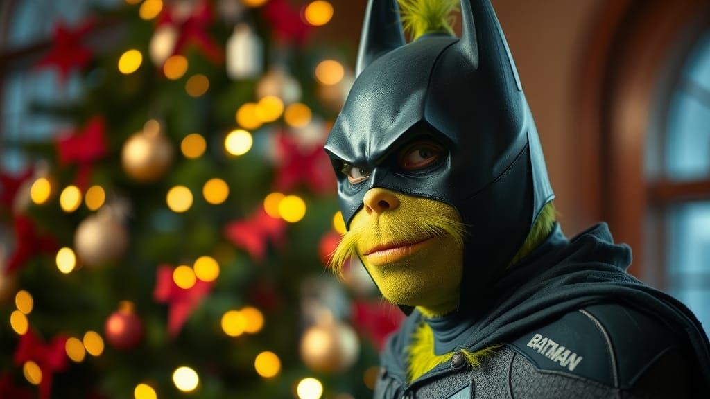 The Grinch as Batman by Christmas Tree