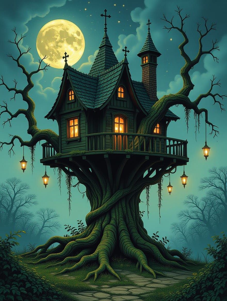 Gothic Treehouse in Dark, Mystical Realism