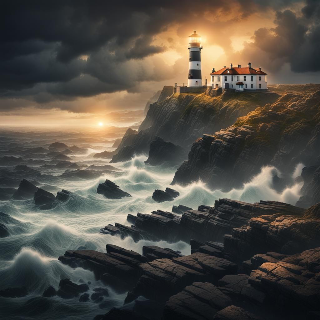 Dramatic Lighthouse Overlooking Stormy Sea: Digital Matte Pa...