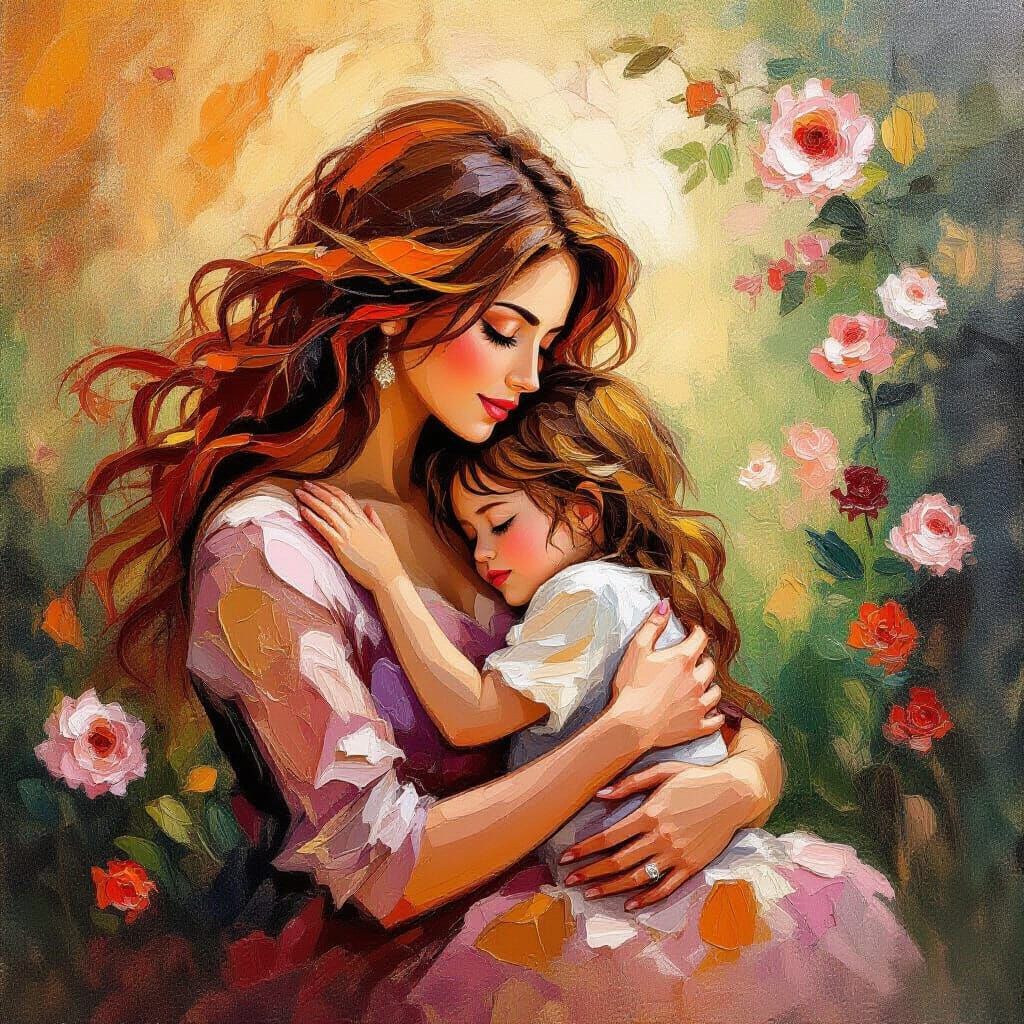 Impasto Painting of Mother Embracing Child in Garden of Eden