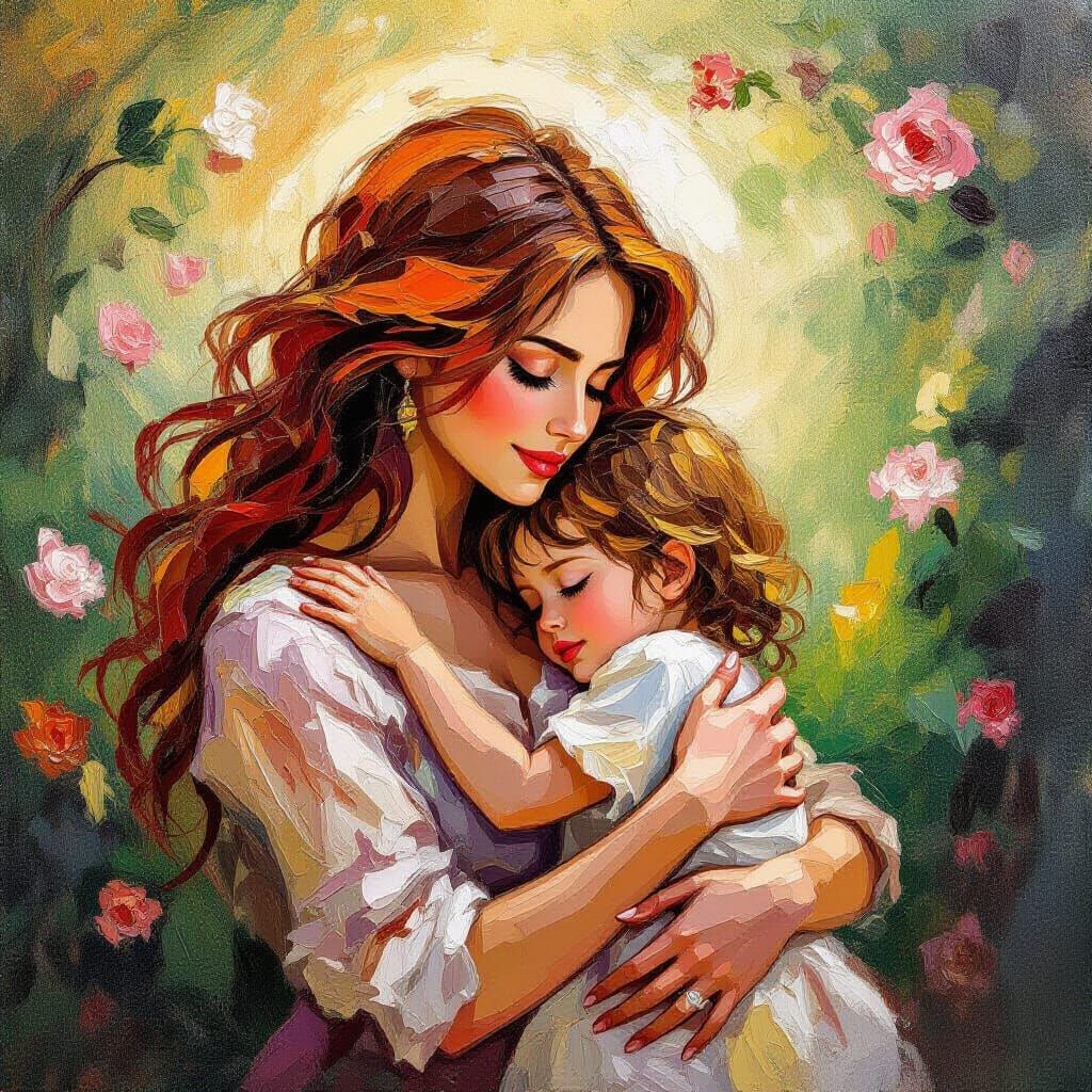 Impasto Painting: Mother Embracing Child in Heavenly Garden