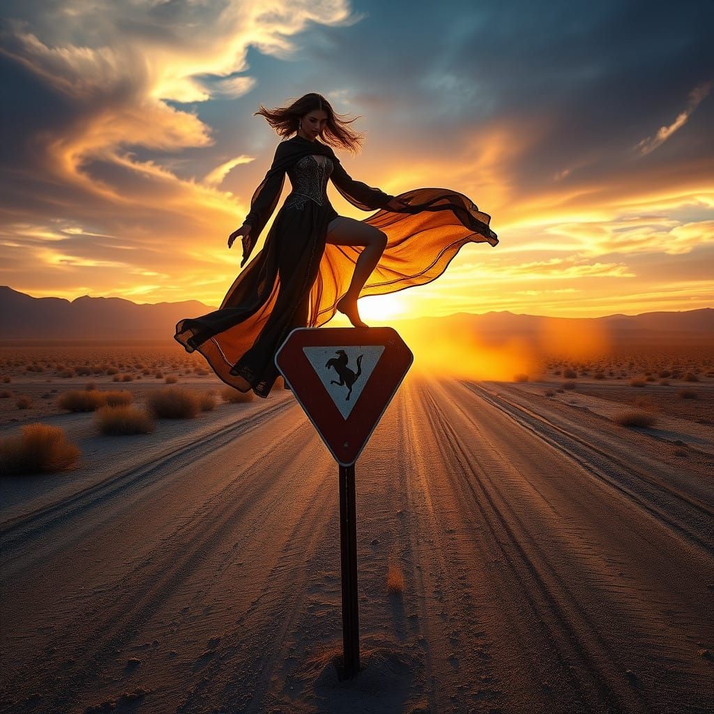 Mystical Desert Dancer on Weathered Yield Sign