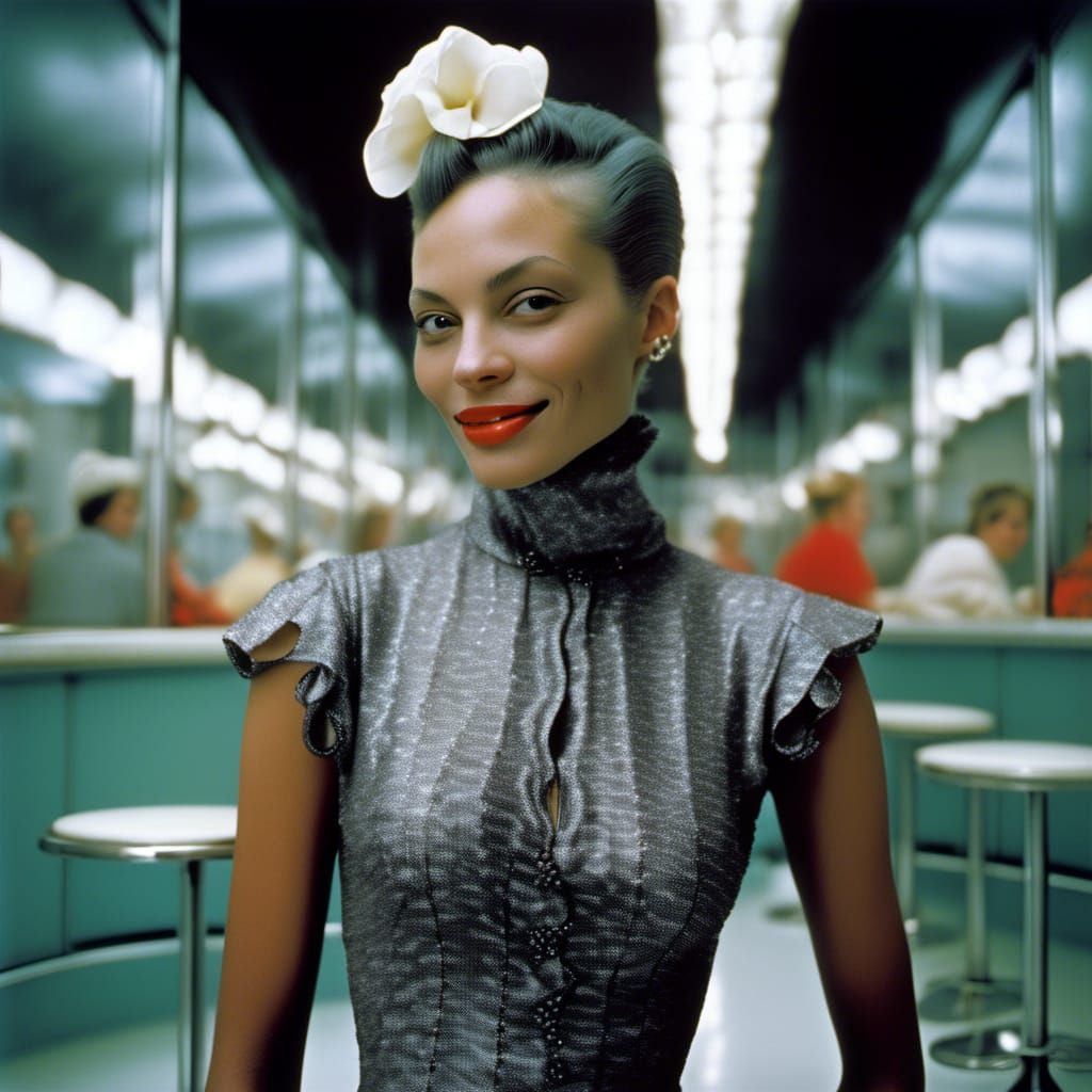 Photorealistic Portrait of Woman in Cafe, Hyperreal Couture