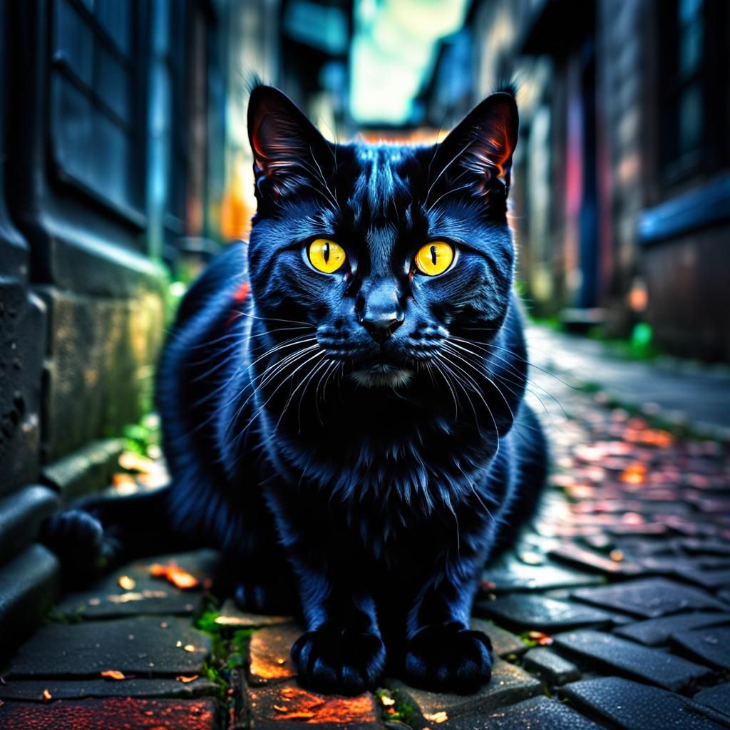 Hyperrealistic Stray Black Cat in Intense Colors