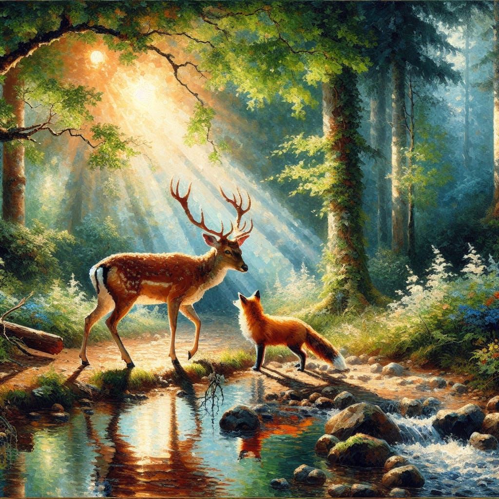 Deer and Fox in Forest: Impressionist Gouache Watercolor