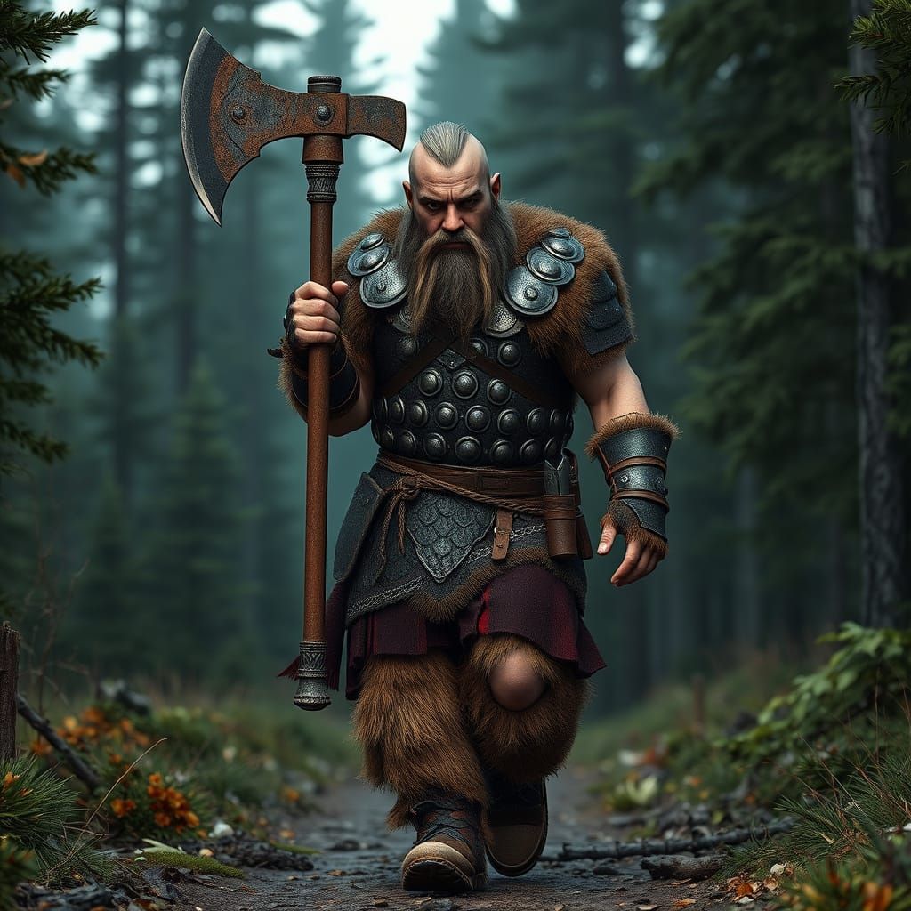 Menacing Viking Lumberman with Battle Axe in Nordic Forest