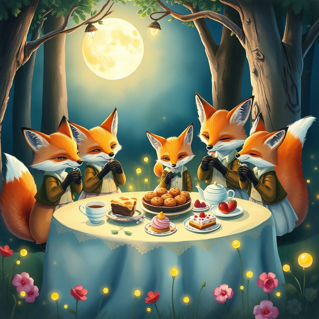 Fox Tea Party in Moonlit Forest, Watercolor Style