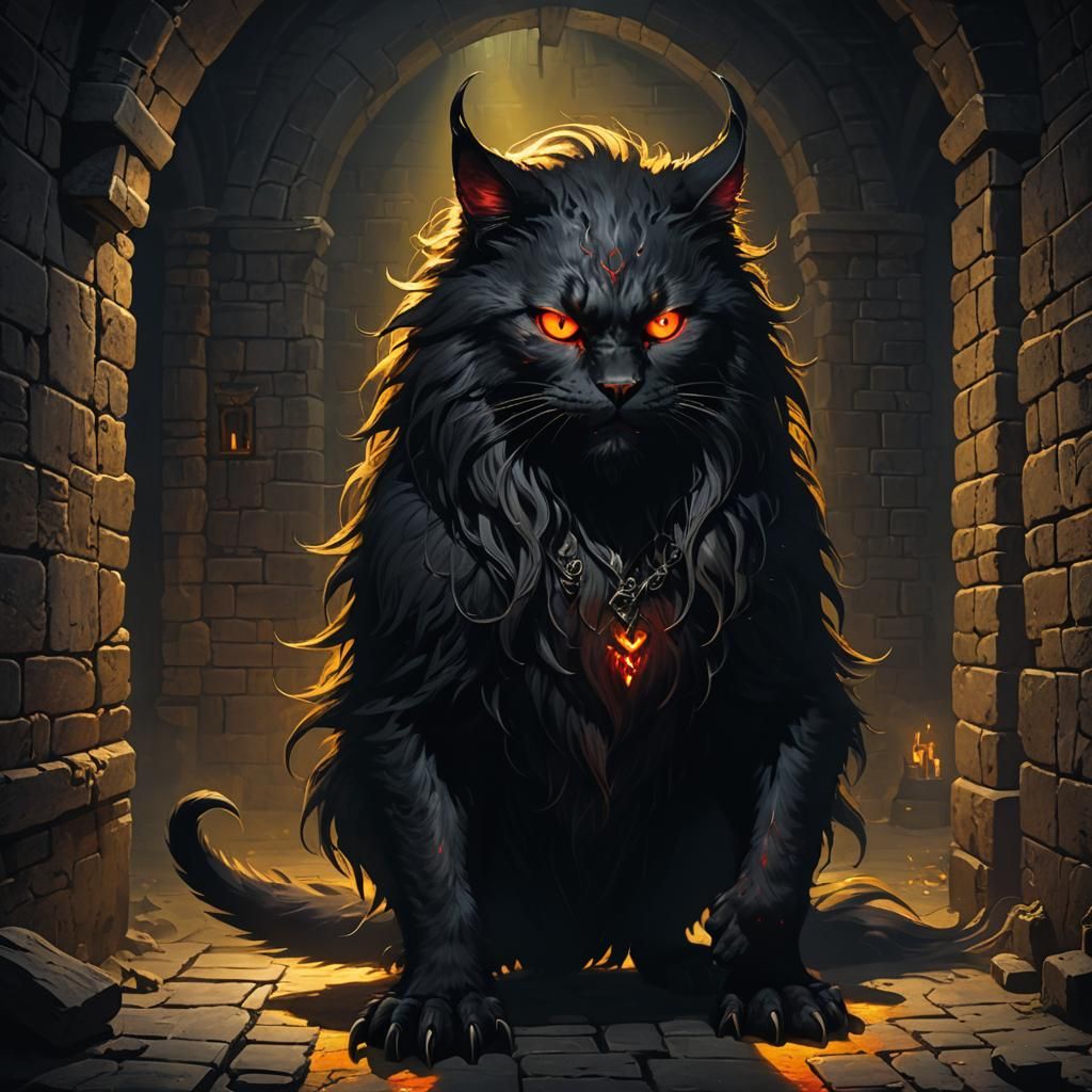 Evil Shadow Cat Monster in Medieval Dungeon