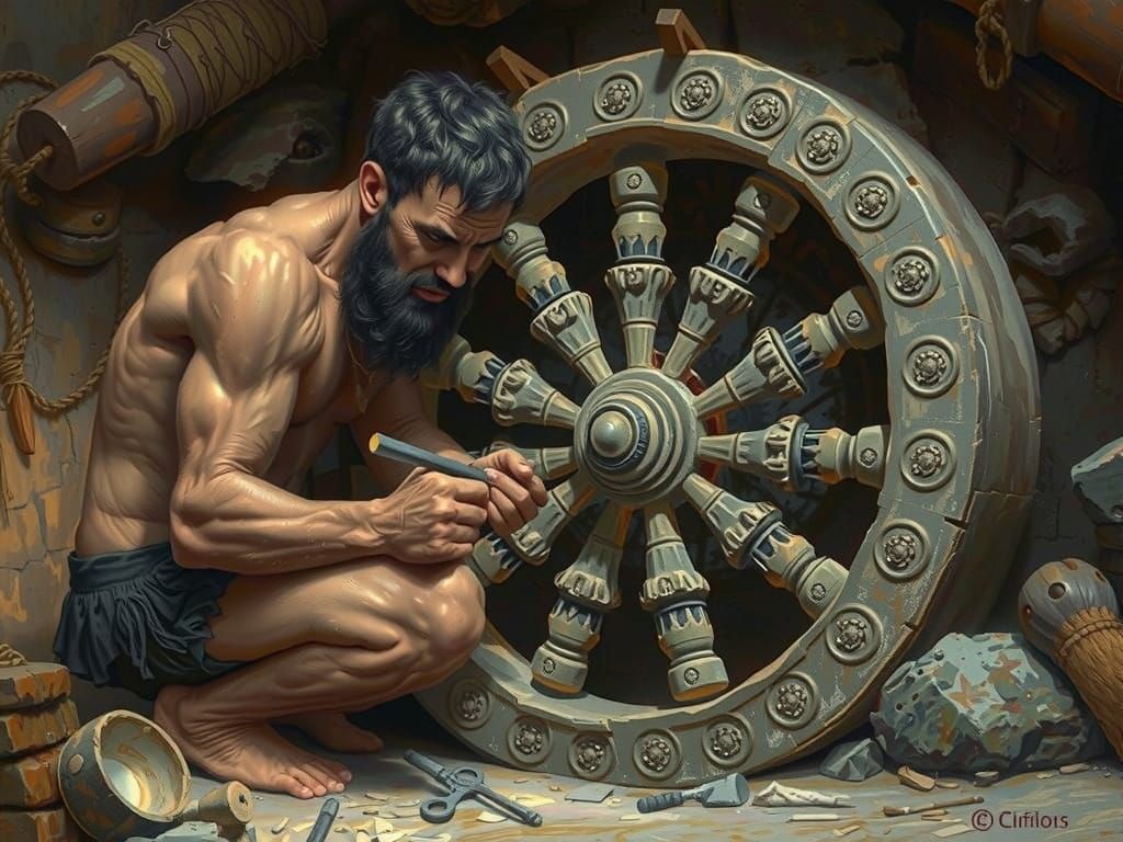 Ancient Craftsman Shapes Wheel with Stone